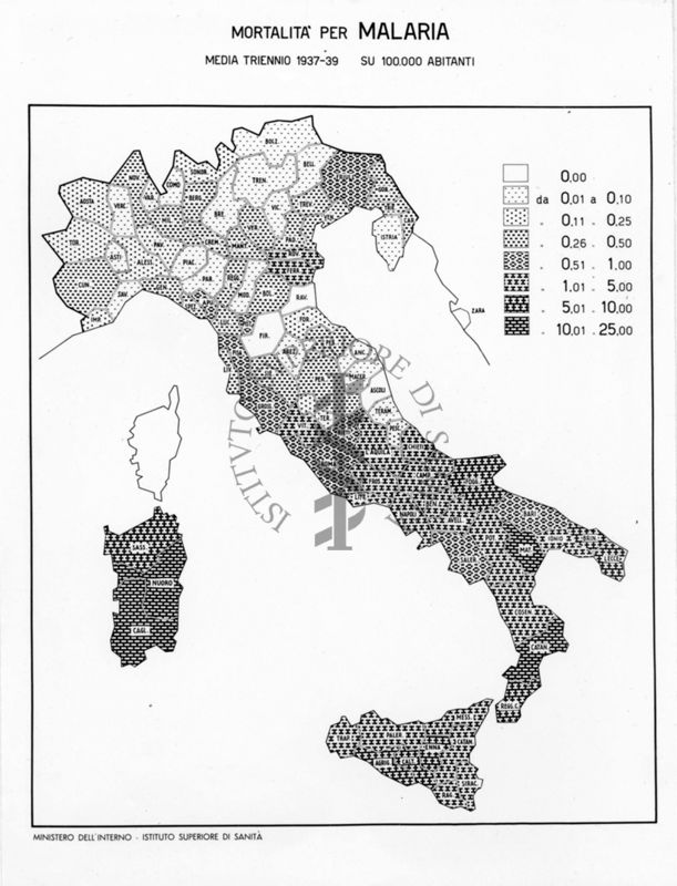 Cartogramma riguardante la mortalità per malaria durante il triennio 1937-1939