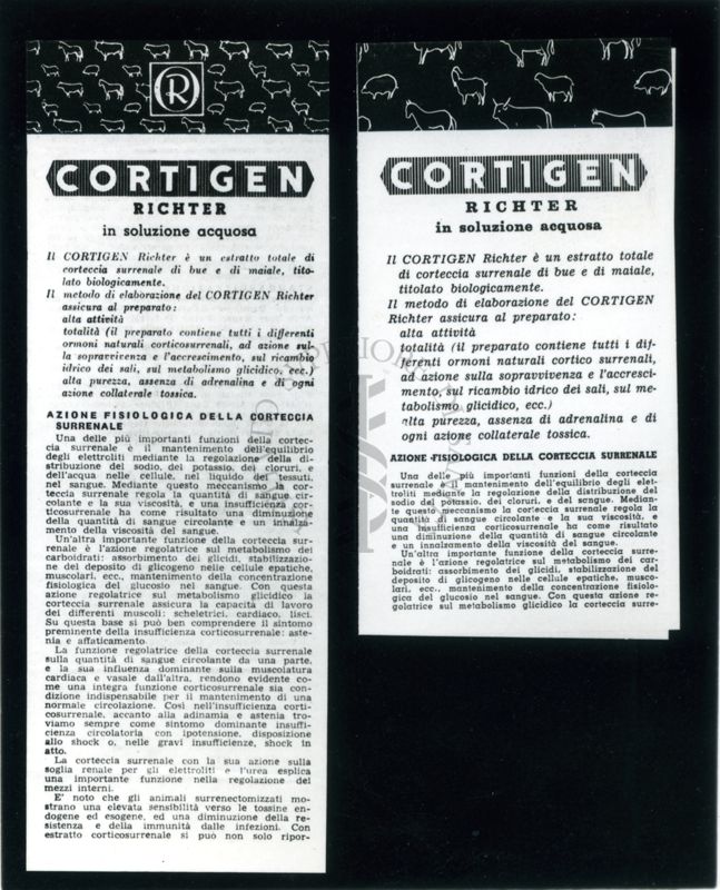 Campioni dichiarati contraffatti di "Cortigen Richeter" in tre confezioni, inviati dalla Questura di Roma. Controllo e certificato N. 153 della Chimica Terapeutica. Sulla sinistra di chi guarda si trova il campione originale, sulla destra quello denunciato.