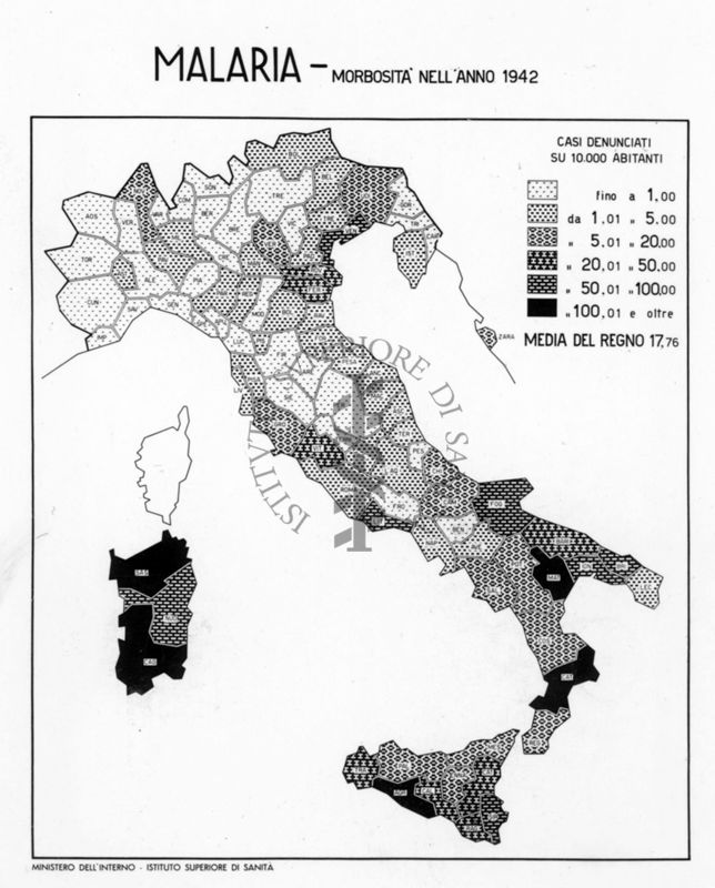 Cartogramma riguardante la morbosità per malaria nell'anno 1942