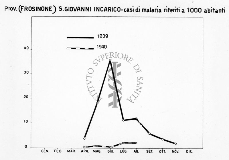 Diagramma riguardante i casi di malaria riferiti a 1000 abitanti a S. Giovanni Incarico (Frosinone)