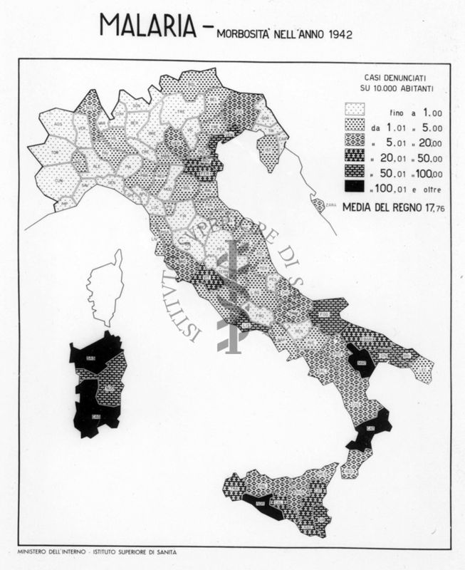 Cartogramma riguardante la morbosità nell'anno 1942 per malaria