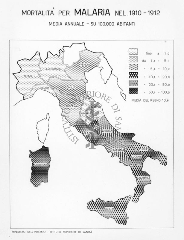 Cartogramma riguardante la mortalità per malaria nel periodo 1910-1912