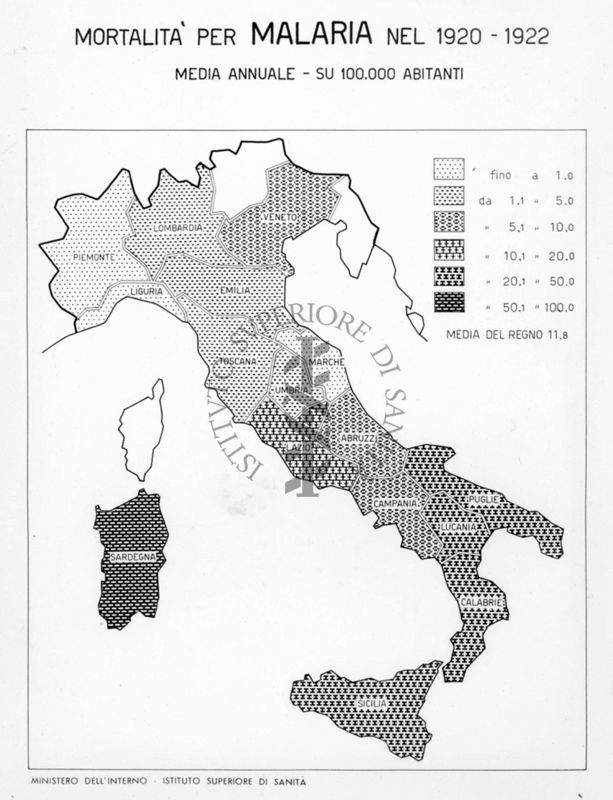 Cartogramma riguardante la mortalità per malaria nel periodo 1920 - 1922