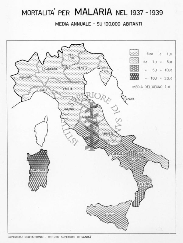 Cartogramma riguardante la mortalità per malaria nel periodo 1937-1939