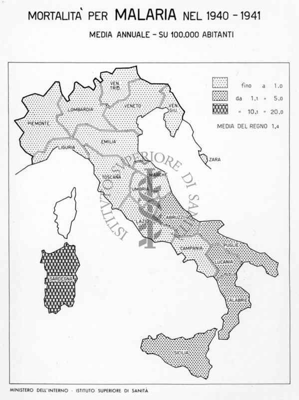 Cartogramma riguardante la mortalità per malaria nel periodo 1940-1941