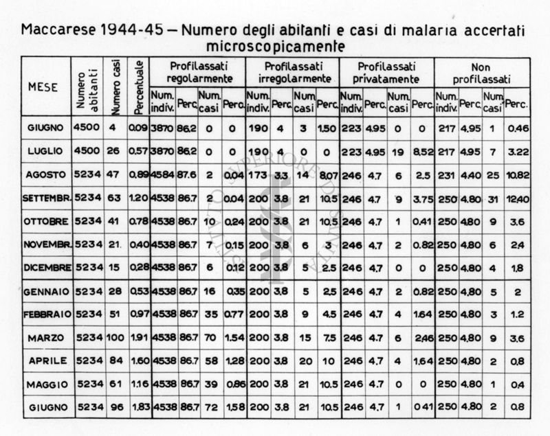 Tabella numerica riguardante il numero degli abitanti e casi di malaria accertati microscopicamente a Maccarese negli anni 1944-1945