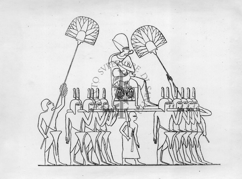 il re Haremeb in portantina, davanti e di dietro i portatori di ventole, accanto a lui lo scacciamosche alla destra del re.