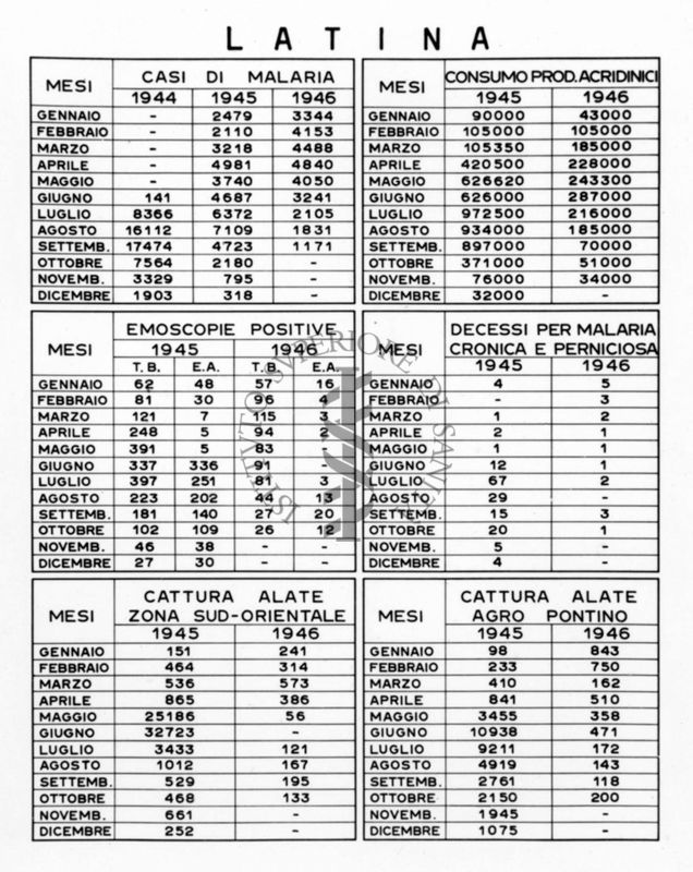 Tabella numerica riguardante vari fenomeni a Latina negli anni 1945-46