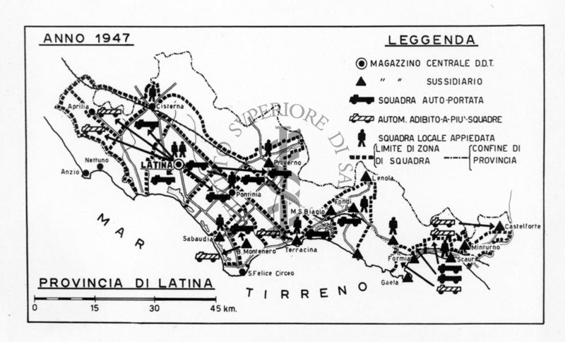 Cartogramma riguardante l'organizzazione del DDT nella provincia di Latina nell'anno 1947