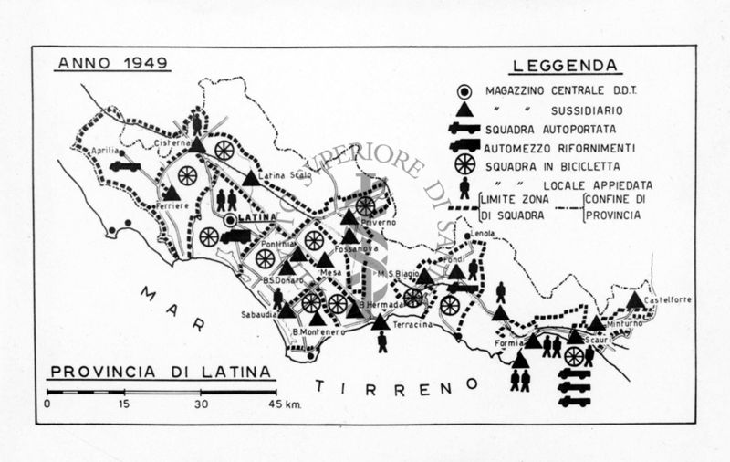 Cartogramma riguardante l'organizzazione del DDT nella provincia di Latina nell'anno 1949