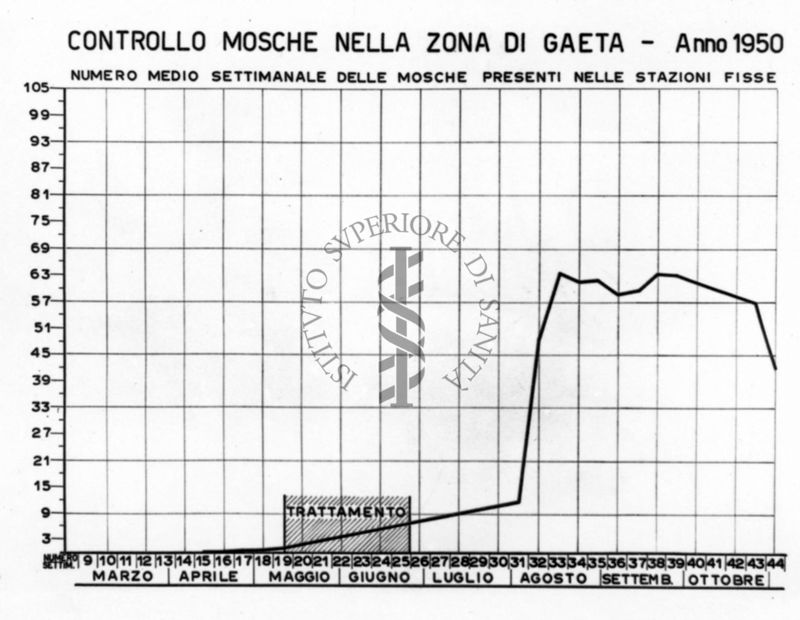 Diagramma riguardante il controllo delle mosche nella zona di Gaeta - anno 1950