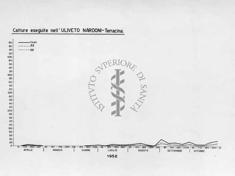 Diagramma relativo le catture eseguite nell' "Uliveto Nardoni" Terracina nel periodo da aprile a ottobre 1952