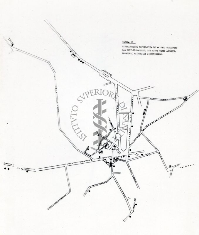 Distribuzione topografica di 44 casi osservati dal Dr, Pierangeli nei Rioni: Carlo Alberto, Pescatore, Palombella e Montirozzo (Ancona)