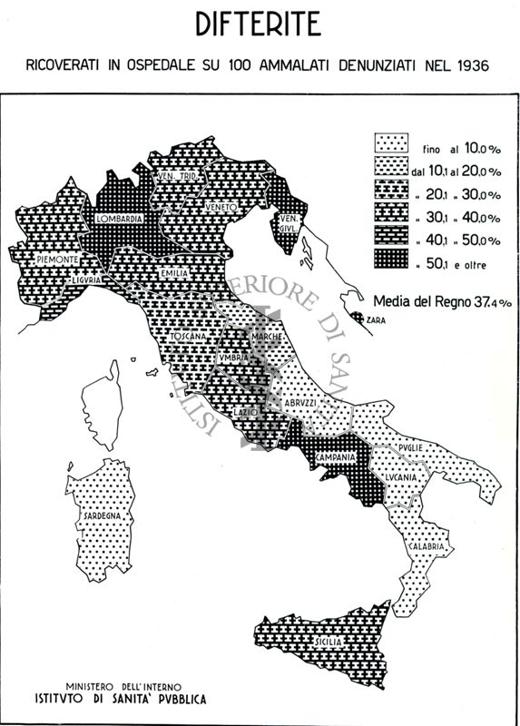 Cartogramma riguardante i casi di ricoveri per difterite