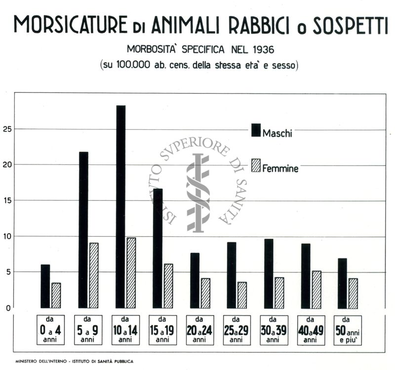 Diagrammi riguardanti la morbosità specifica per morsicatura di animali rabbici o sospetti