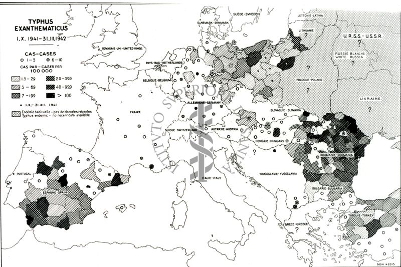 Cartogramma riguardante il Tifo Esantematico in Europa nel periodo: 1 ottobre 1941- 31 marzo 1942