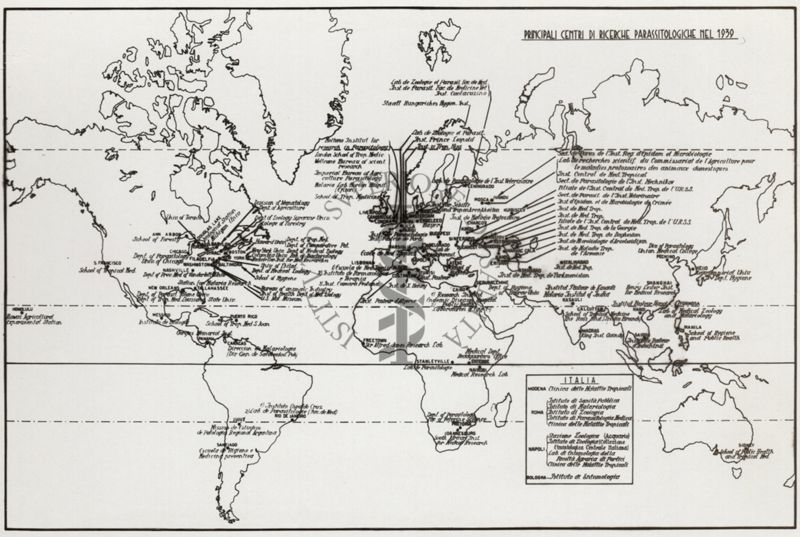 Carta geografica recante i principali centri di ricerche parassitologiche nel 1939