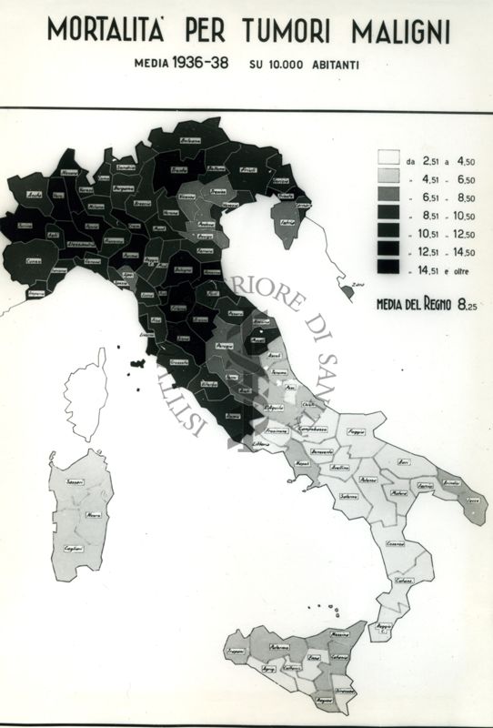 Cartogramma riguardante la mortalità per Tumori Maligni negli anni: 1936-38