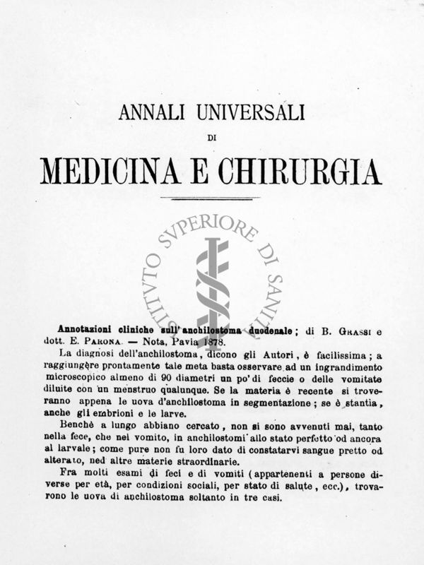 Lavoro originale di Grassi e Parona sull'analisi delle feci per la diagnosi dell'Anchilosoma 1878