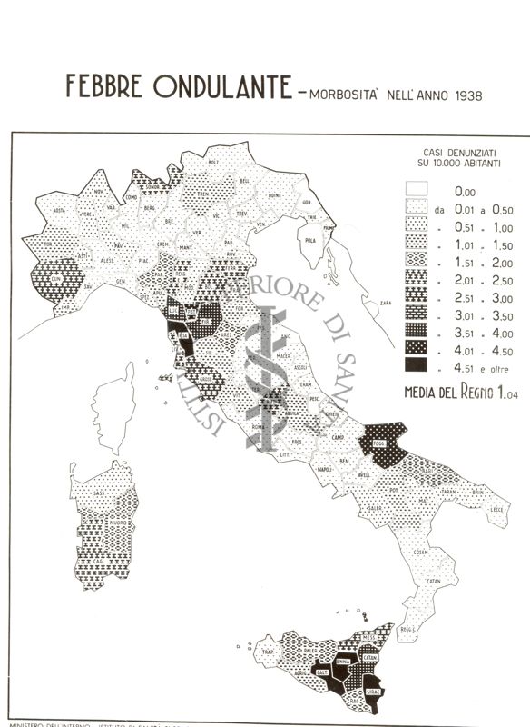 Cartogramma raffigurante la morbosità nel Regno, per Febbre Ondulante