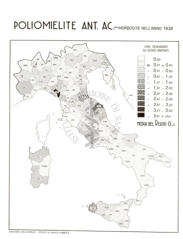 Cartogramma riguardante la morbosità nel Regno per Poliomielite An. Ac.