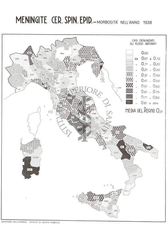 Cartogramma raffigurante la morbosità nel Regno, per Meningite Cerebro Spinale Epidemiologica