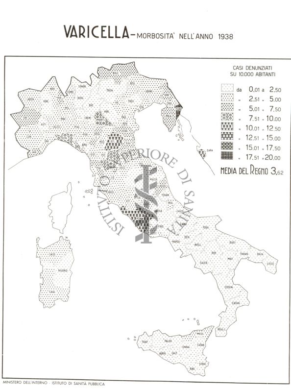 Cartogramma raffigurante la morbosità nel Regno, per Varicella