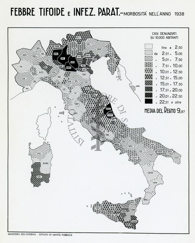Cartogramma raffigurante la morbosità nel Regno, per Febbre Tifoide e Infezioni Paratifiche