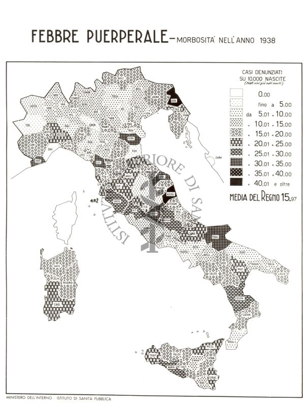 Cartogramma raffigurante la morbosità nel Regno, per Febbre Puerperale