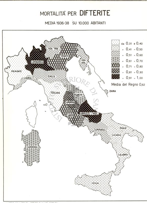 Cartogramma riguardante la mortalità per Difterite