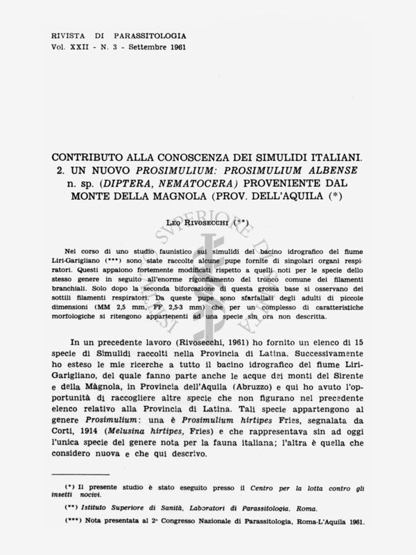 Abstract di articolo scientifico del Prof. Leo Rivosecchi sulla rivista Parassitologia - Volume XXII, n. 3 - Settembre 1961