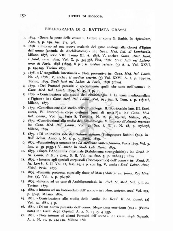 Foto di elenco bibliografico dalla Rivista di Biologia pag.150 - Bibliografia di Giovanni Battista Grassi