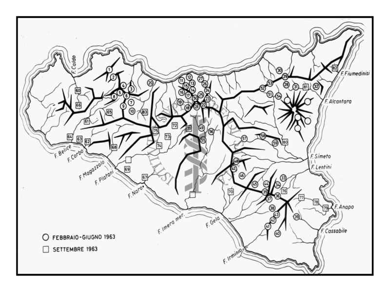 Carta della Sicilia con collocazione di siti di studio relativi ad una ricerca sul campo (1963)