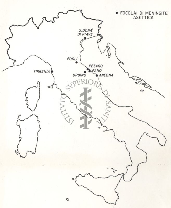 Cartogramma d'Italia con i focolai epidemici di meningite asettica