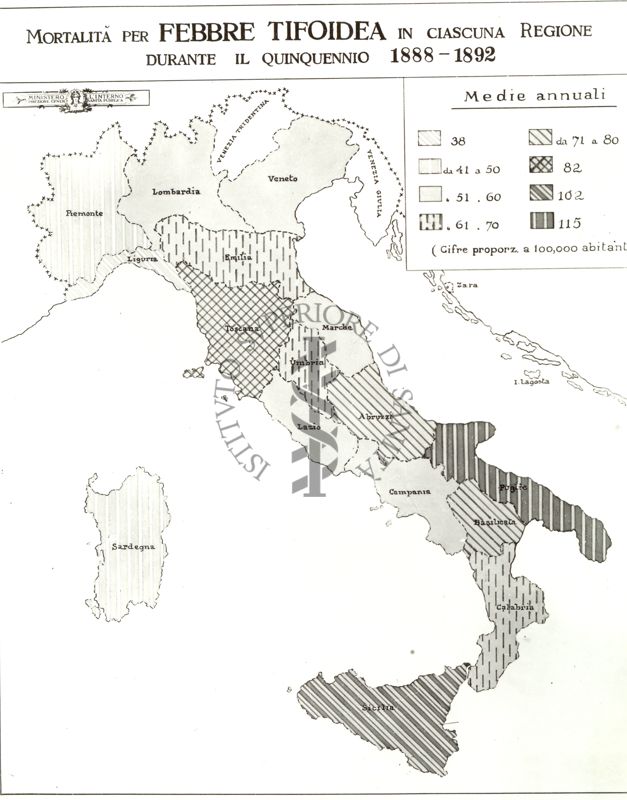 Cartogramma riguardante la mortalità per febbre tifoidea in ciascuna regione durante il quinquennio 1888-1892