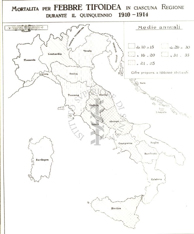 Cartogramma riguardante la mortalità per febbre tifoidea in ciascuna regione durante il quinquennio 1910-11914