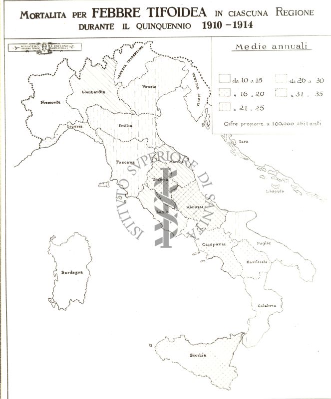 Cartogramma riguardante la mortalità per febbre tifoidea in ciascuna regione durante il quinquennio 1910-11914