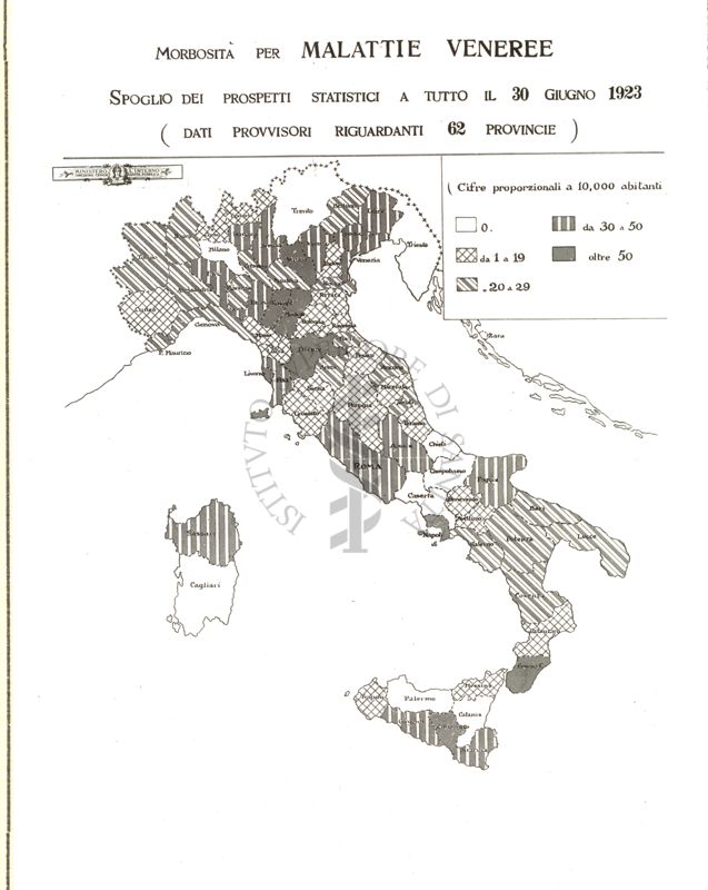 Cartogramma riguardante la morbosità per malattie veneree. Spoglio dei prospetti statistici a tutto il 30 giugno 1923.