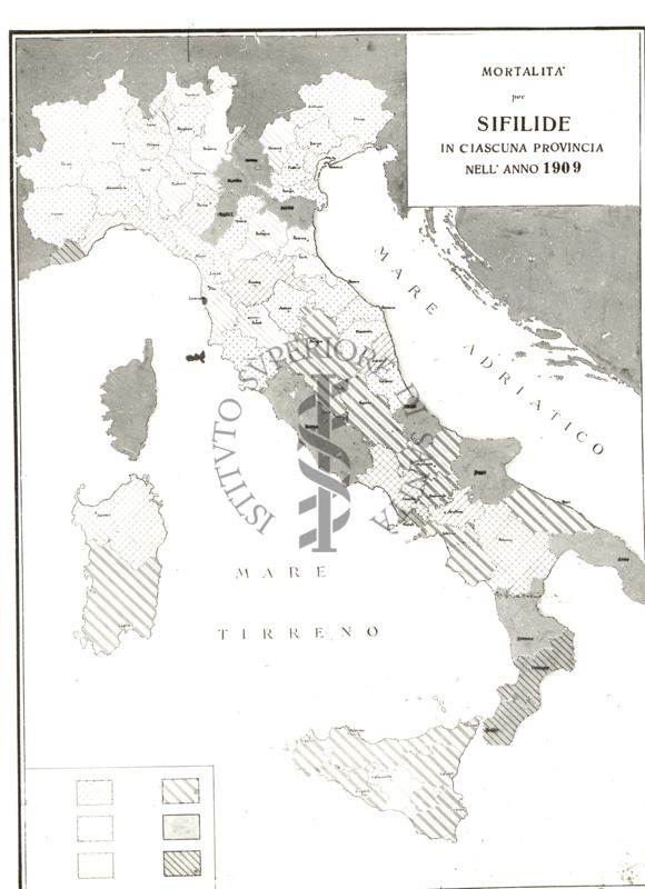 Cartogramma riguardante la mortalità per sifilide in ciascuna Provincia nell'anno 1909