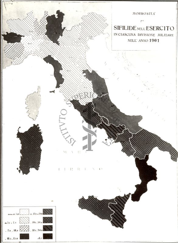 Cartogramma riguardante la morbosità per sifilide nell'esercito in ciascuna Divisione militare nell'anno 1901