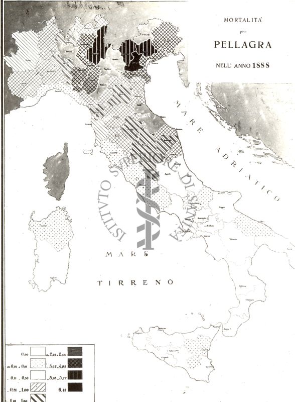 Cartogramma riguardante la mortalità per pellagra nell'anno 1888