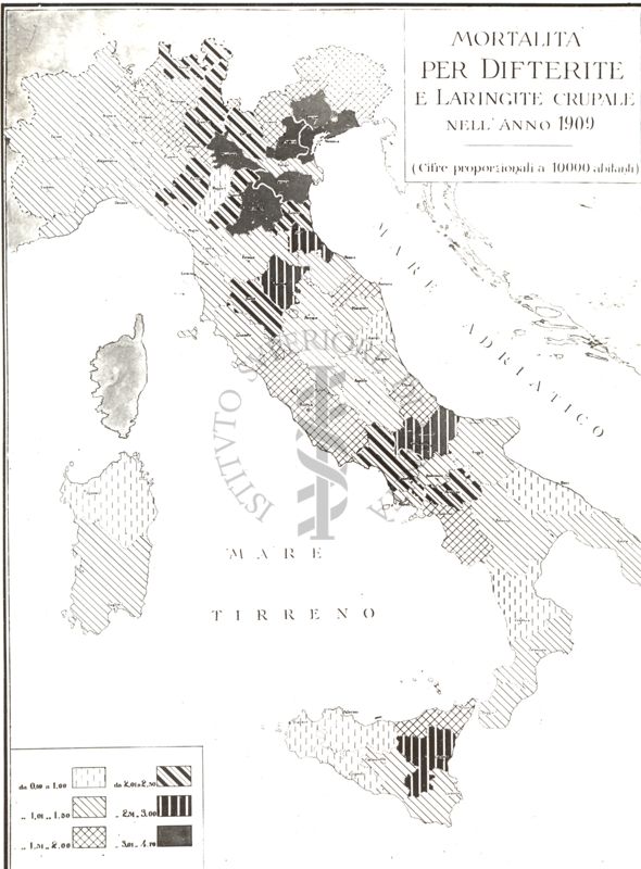 Cartogramma riguardante la mortalità per difterite e laringite crupale nell'anno 1909.