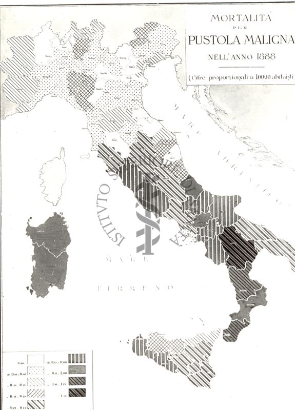 Cartogramma riguardante la mortalità per pustola maligna nell'anno 1888