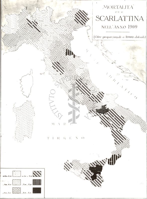 Cartogramma riguardante la mortalità per scarlattina nell'anno 1909