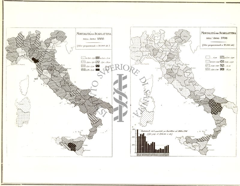 Cartogrammi riguardanti la mortalità per scarlattina negli anni 1888 e 1908