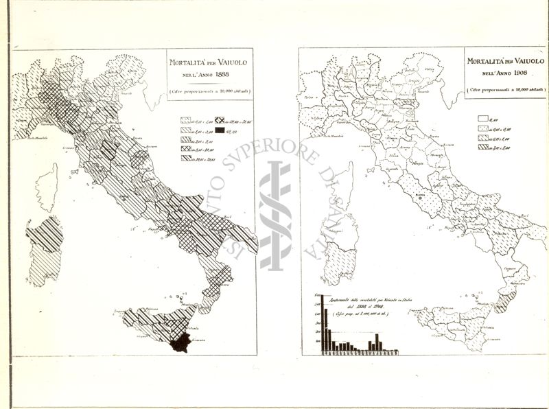 Cartogrammi riguardanti la mortalità per vaiolo negli anni 1888 e 1908