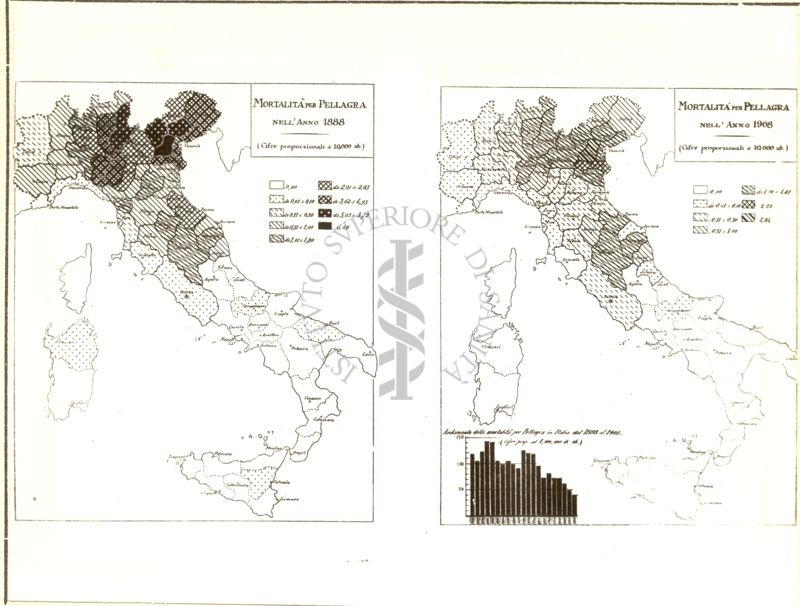 Cartogrammi riguardanti la mortalità per pellagra negli anni 1888 e 1908