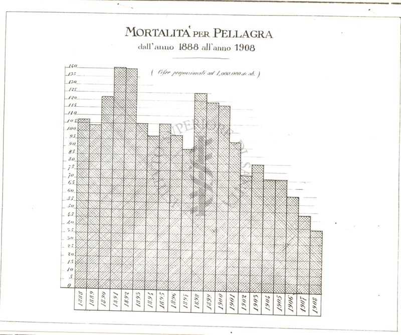 Diagramma riguardante la mortalità per pellagra dal 1888 al 1908