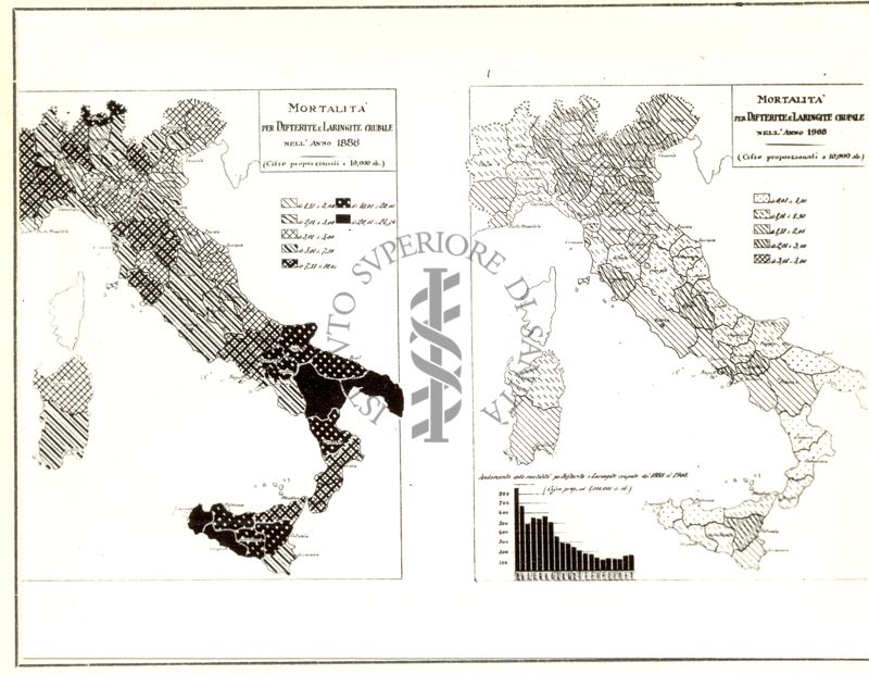 Cartogrammi riguardanti la mortalità per difterite e laringite crupale negli anni 1888-1908