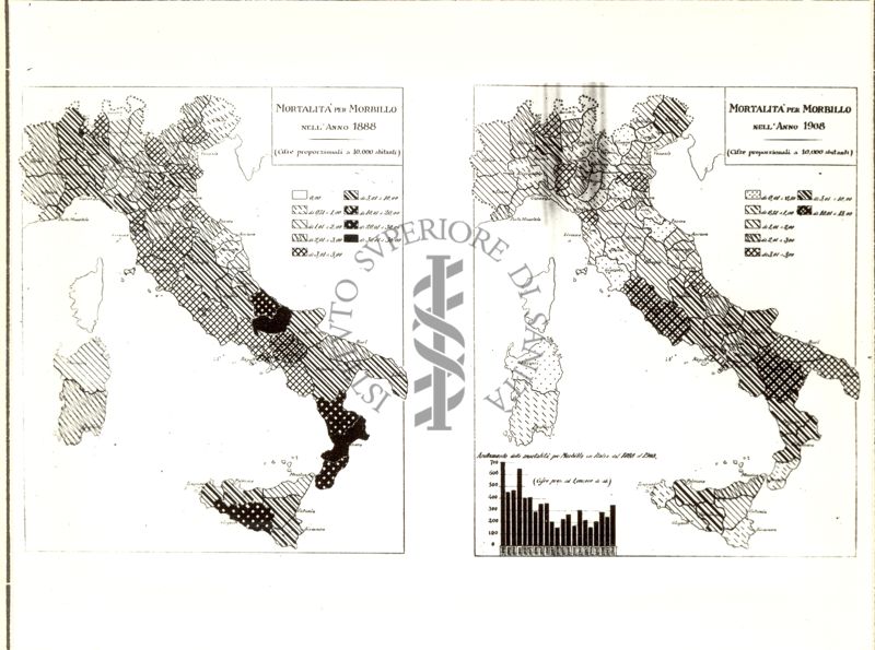 Cartogrammi riguardanti la mortalità per morbillo negli anni 1888 e 1908